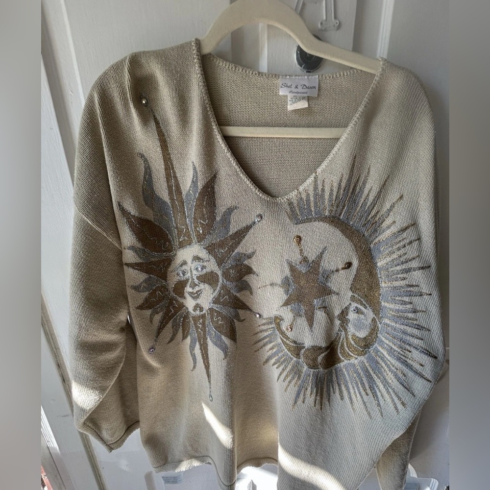 Vintage Cotton Whipstitch VNeck Sweater XL Celestial Gold Silver Wearable Art